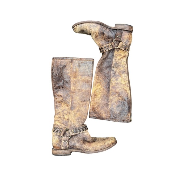 Frye Brown Combat Moto Boots Distressed Leather - Picture 1 of 10